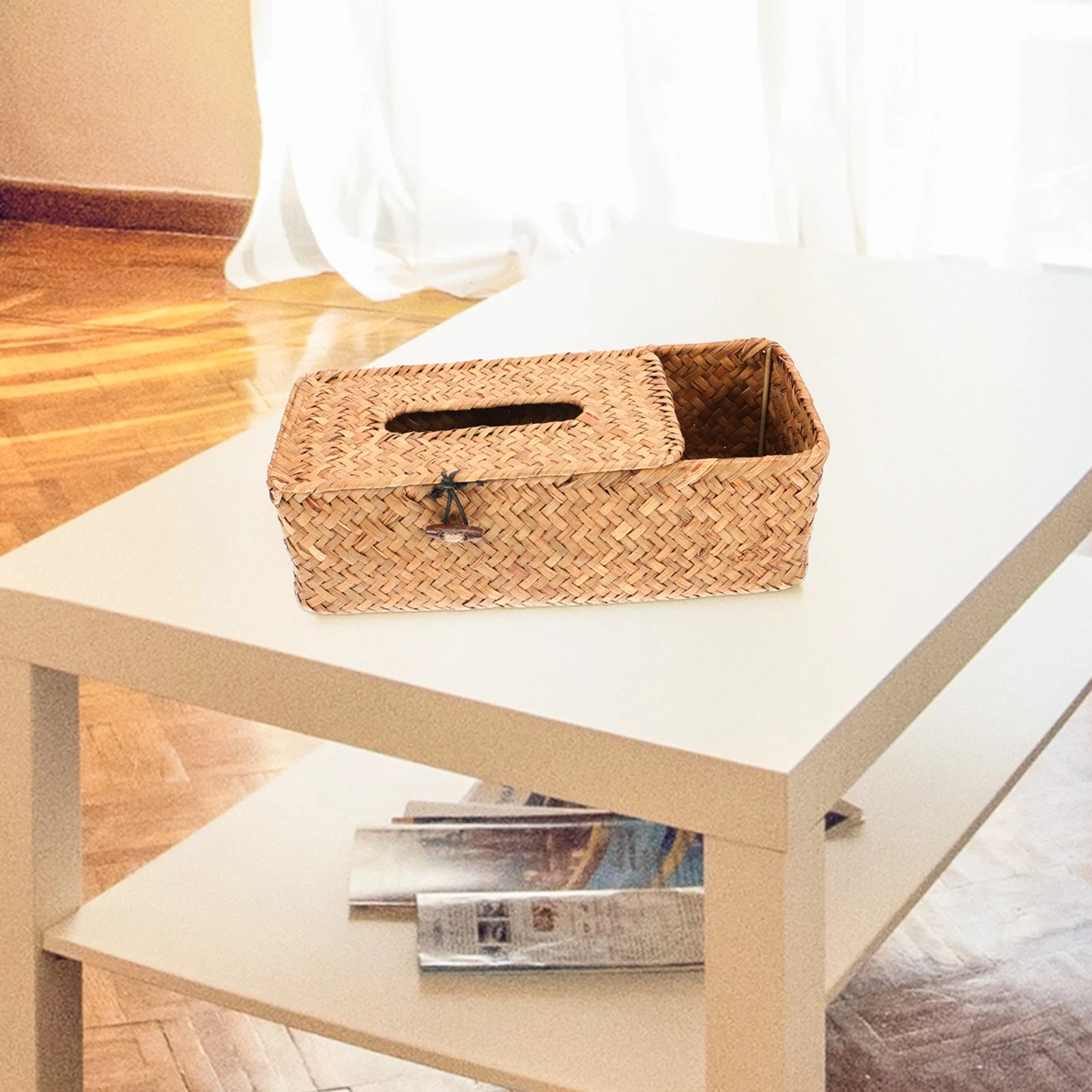 

Natural Woven Seaweed Metal Frame Rectangular Cover Desktop Household Storage Case Khaki Color Facial Dispenser Organizer