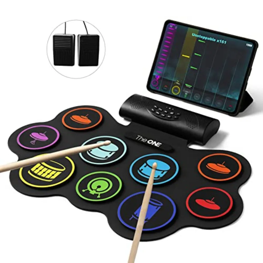 Electronic drum set for home practice, silicone pads, black-gray color, roll-up portable design with Bluetooth MIDI and dual sp