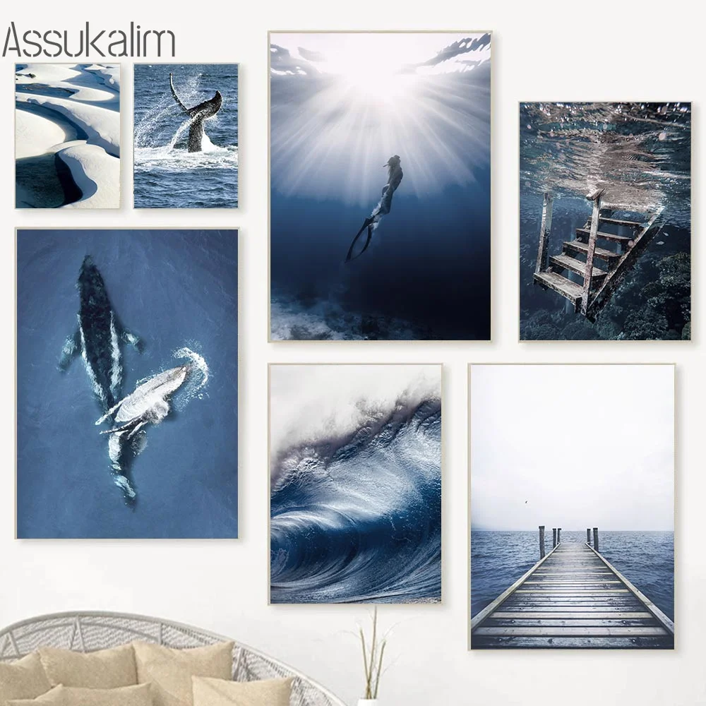 

Blue Ocean Whale Posters and Prints Diving Poster Wave Sea Scenery Canvas Painting Print Nordic Wall Pictures Home Decoration