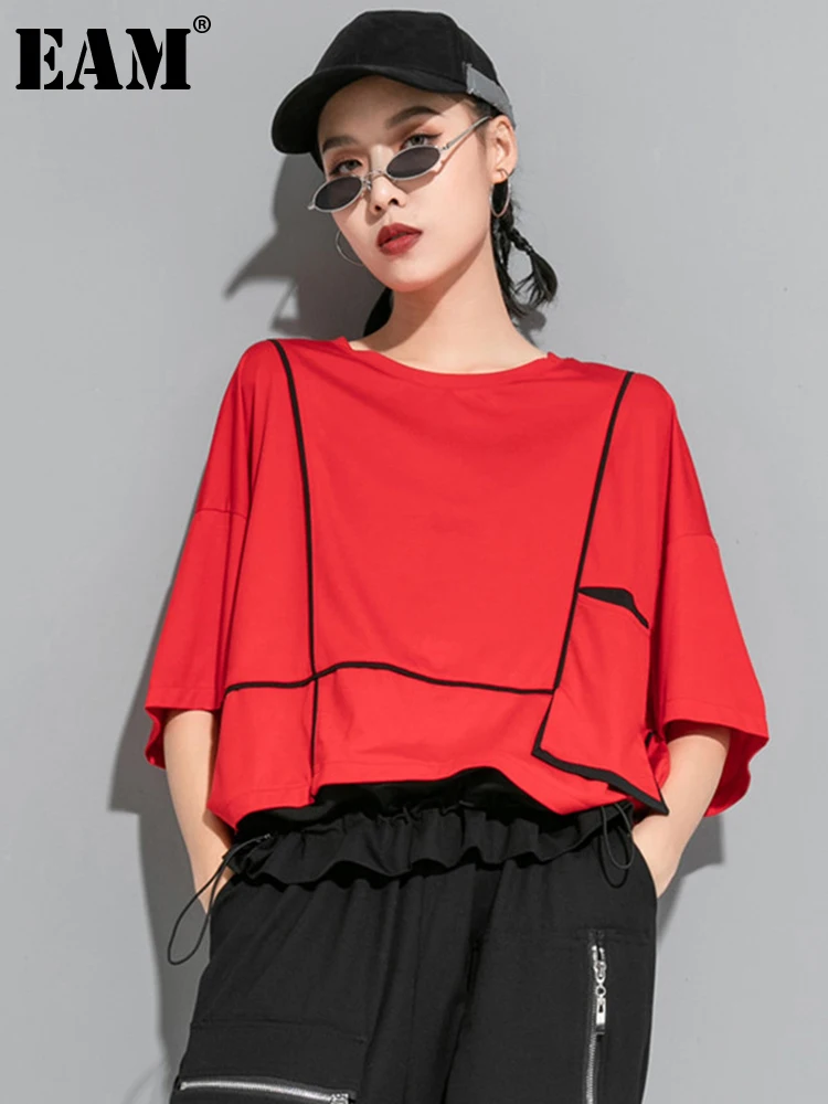 [EAM] Women Red Pocket Split Joint Big Size T-shirt New Round Neck Three-quarter Sleeve Fashion Tide Spring Summer 2024 1U622