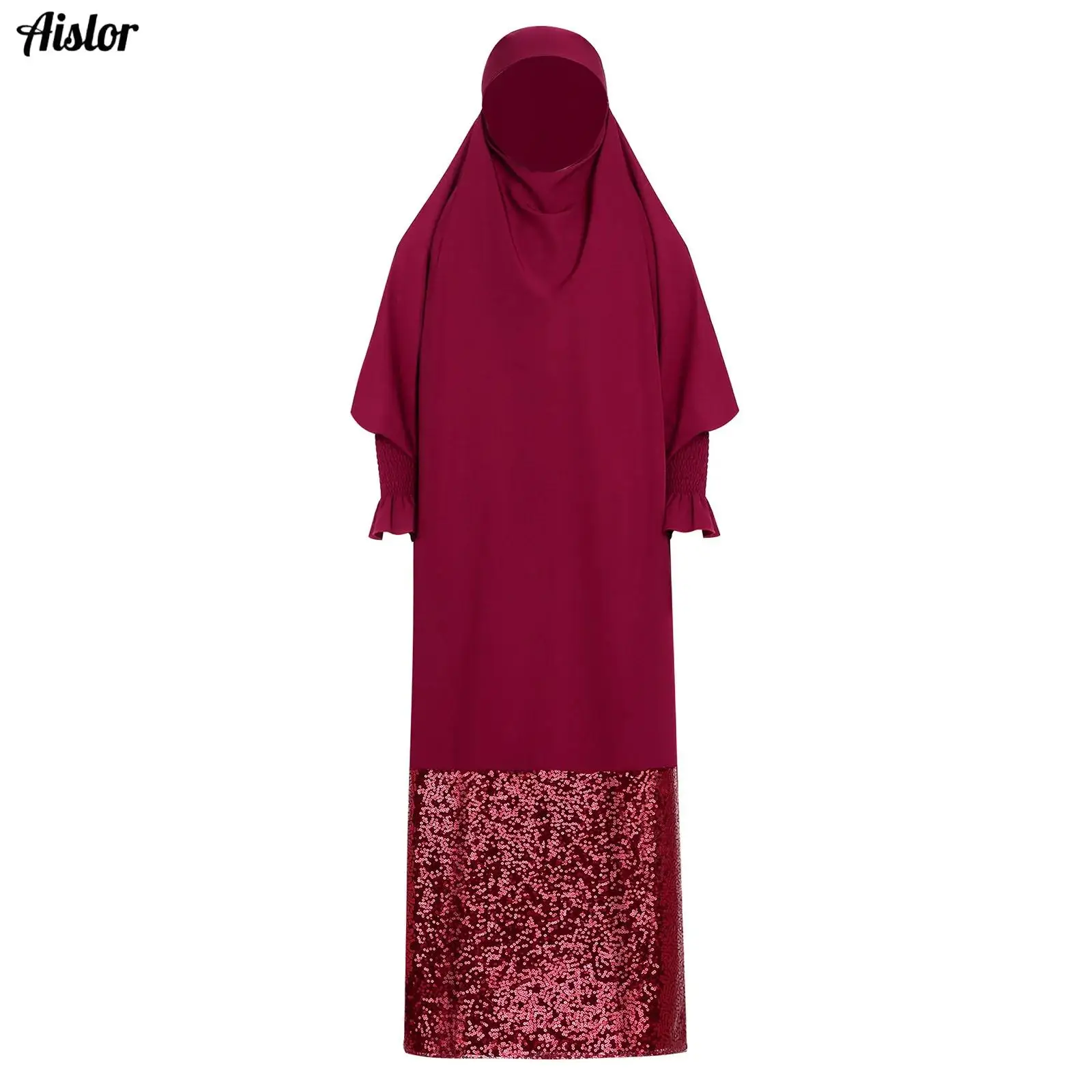 

Kids Girls One-piece Ramadan Muslim Prayer Hijab Dress Batwing Sleeve Full Cover Hooded Abaya Sparkling Sequin Robe Long Kaftan