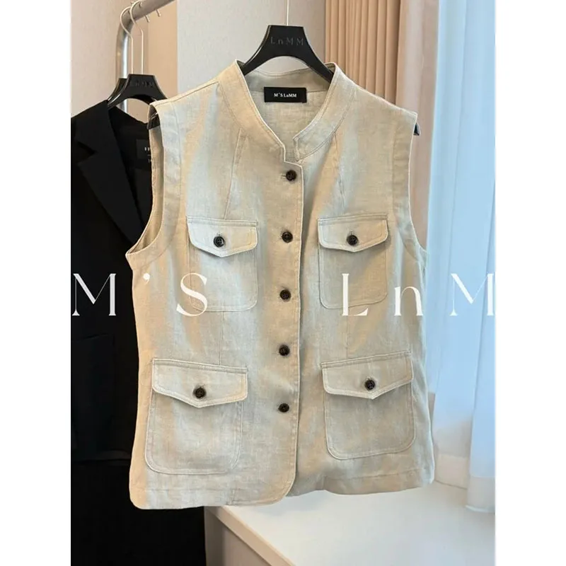 

Женский жилет на весну-осень 2026: Новинка, без рукавов, с воротником-стойкой, повседневный, свободный, укороченный, жилет-пальто, женский топ