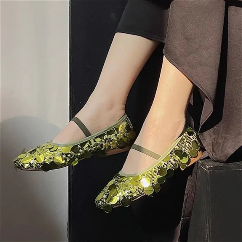 Sequins Shoes for Womens Round Toes Flat Heels Mary Janes Front Strap Chassure Femme Solid Female Ballets Rhine Zapatos Mujer