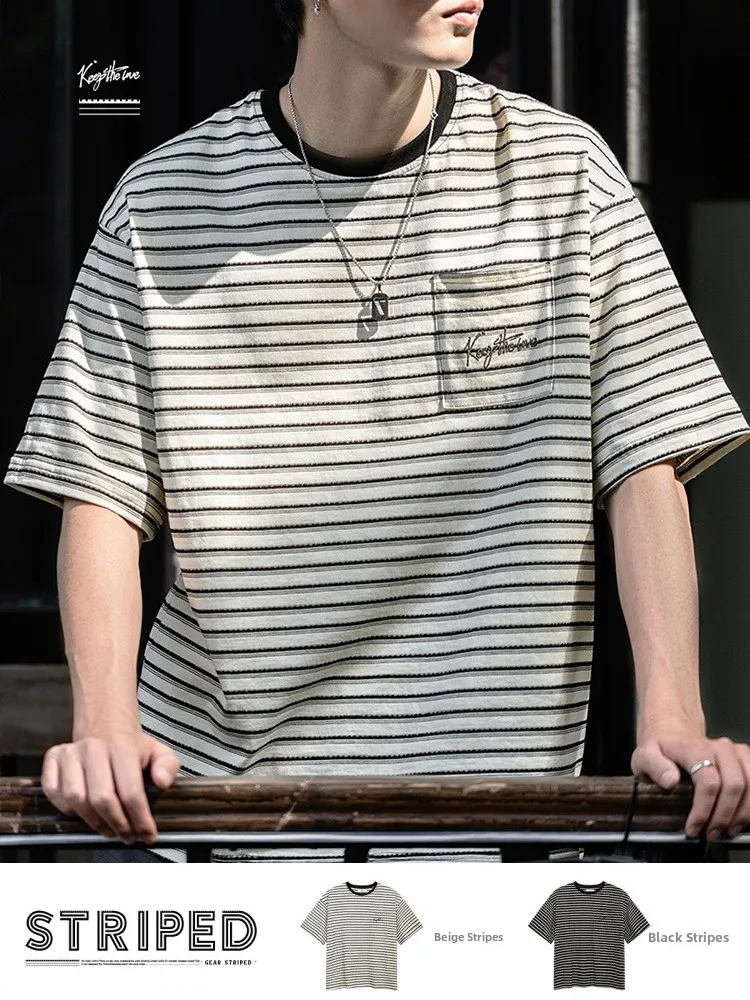 

MRA Men's Knitted Stripe Color Blo ort Sve T-irt Embroidered round Ne Casual f Sve Five Sve Sea Soul ir...