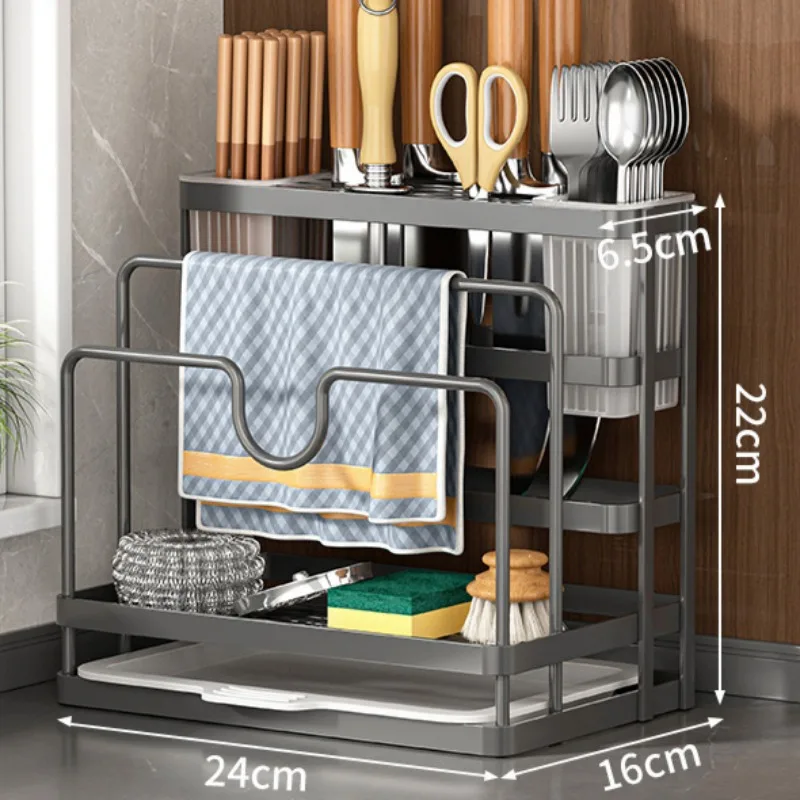 Kitchen Storage Shelf MultiFunction Kitchen Knife Stand Holder Sink Storage Rack Stainless Steel Soap Sponge Holder Towel Rack