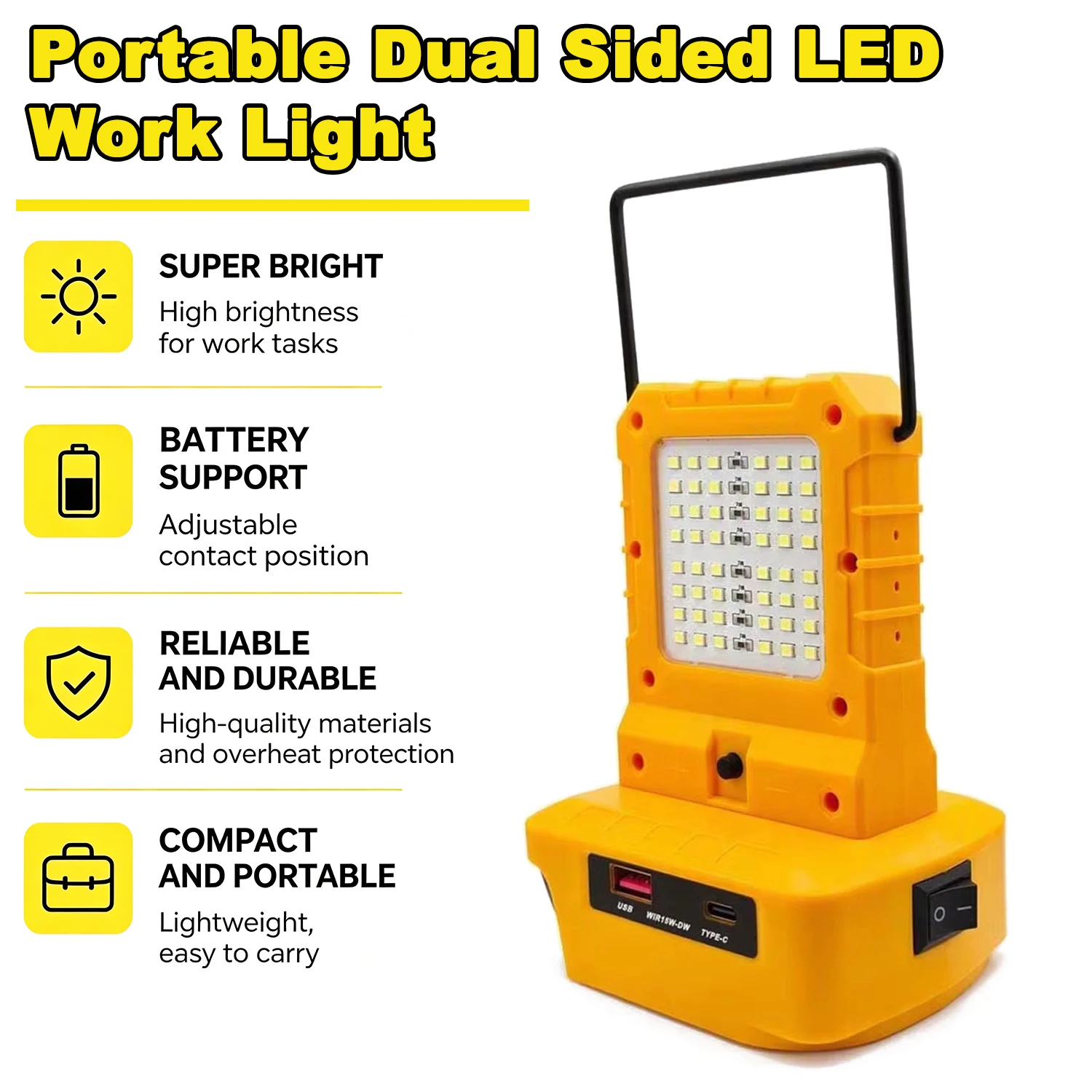 Handheld Super Bright LED Work Light For Makita/DW/Milwuakee 18 V Li-ion Battery lamp with USB+Type-C Port for Night Work