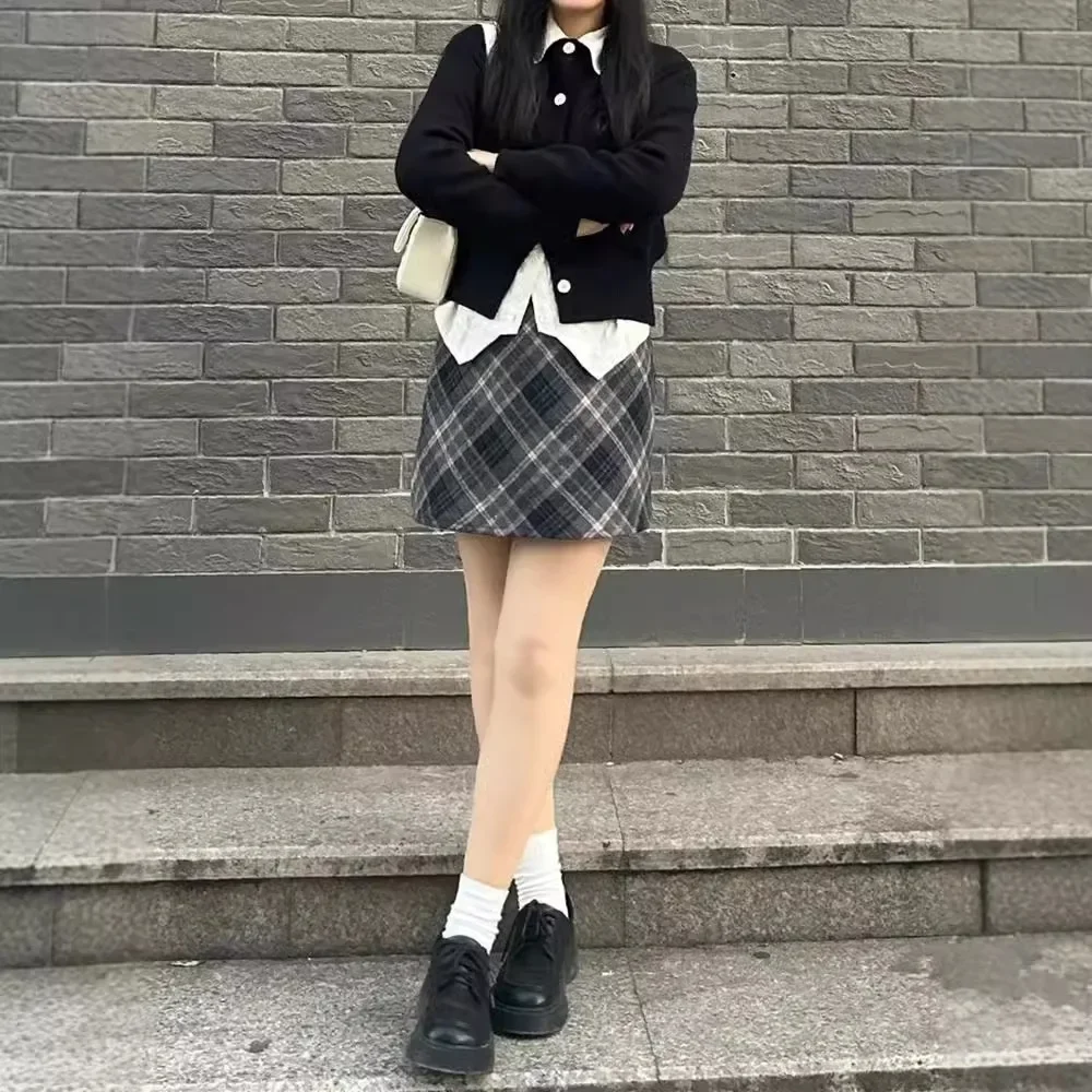 Plus Size Preppy Plaid Woolen Skirt For Women Mini Dress With Petite Hip Covering A- line Design Autumn New Arrival