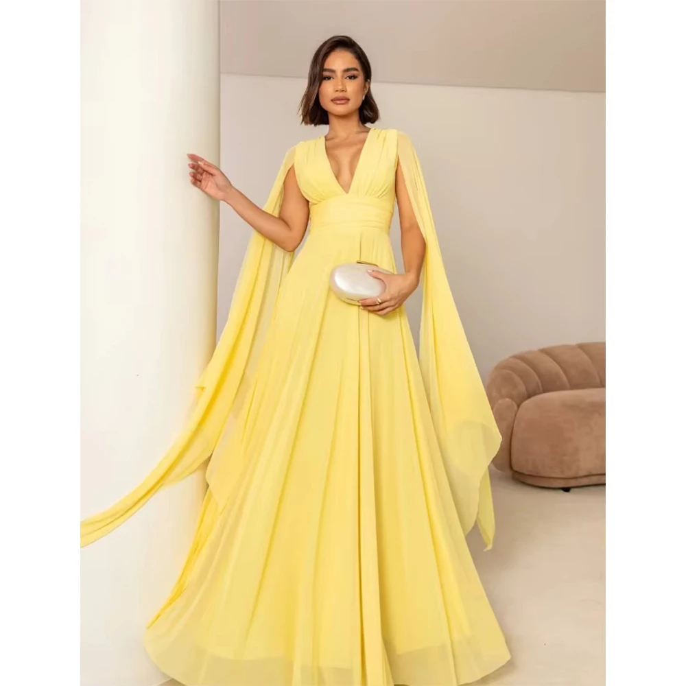 

Elegant High Quality Yellow Chiffon Evening Dresses A-Line V-Neck Pleated Backless Party Dress Saudi Arabia Prom Gown Customized