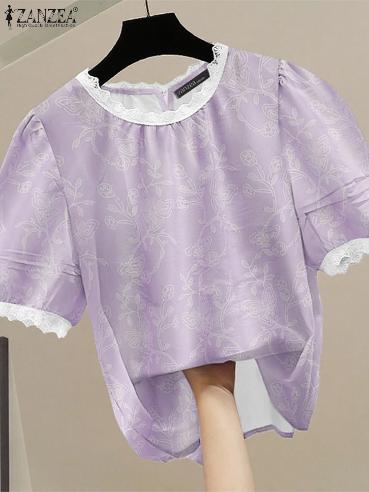 

Casual Loose Lace Patchwork Tops 2025 Fashion Women Short Sleeve Blouse Summer Printed Pullover Oversized O-Neck Blusas S-3XL