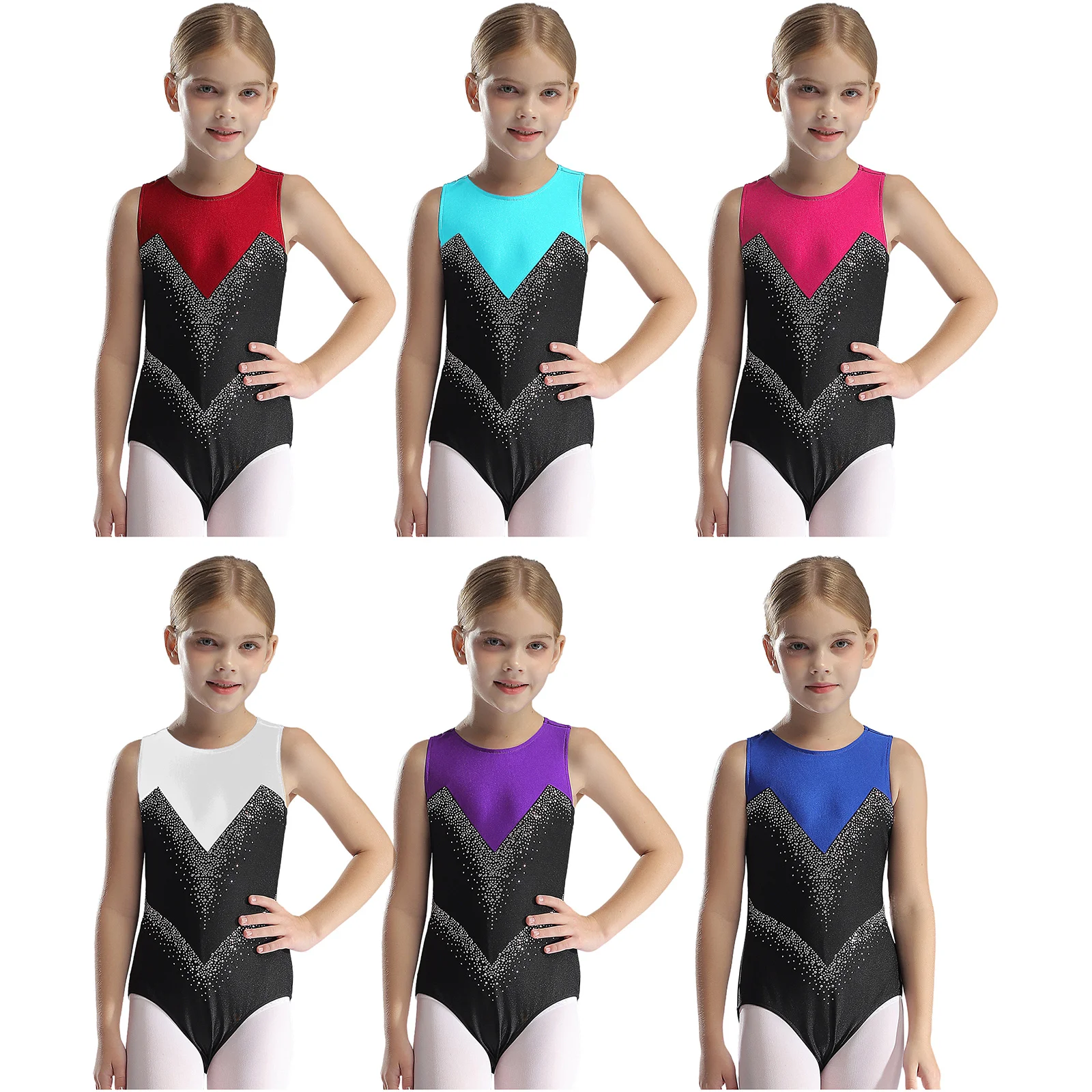 Children Girls Figure Ice Skating Dance Leotard Ballet Rhythmic Gymnastics Bodysuit Jumpsuit Dancewear Shiny Rhinestone Unitard