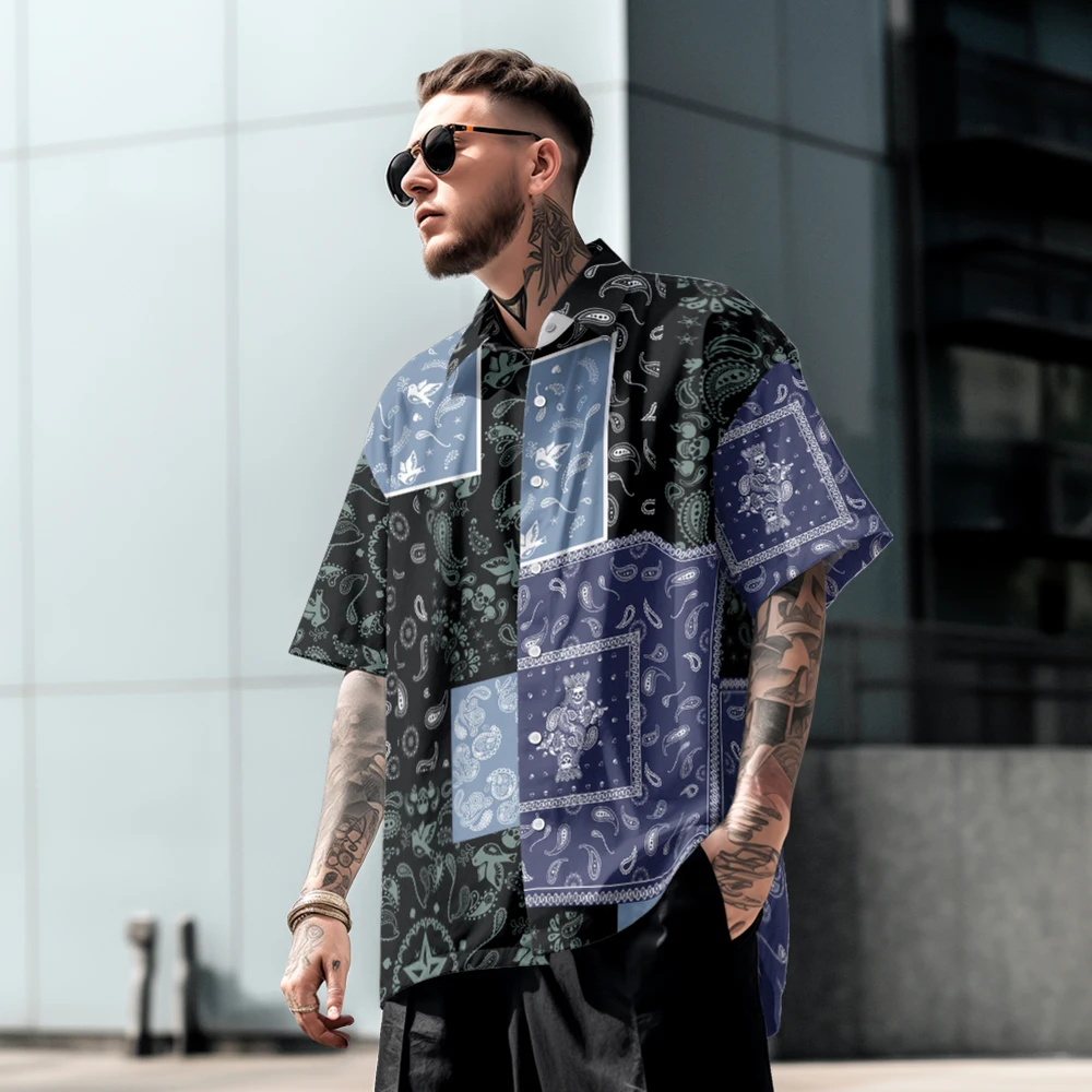 

Summer casual oversized short sleeved shirt, full body print, loose beach trendy quick drying comfortable single breasted button