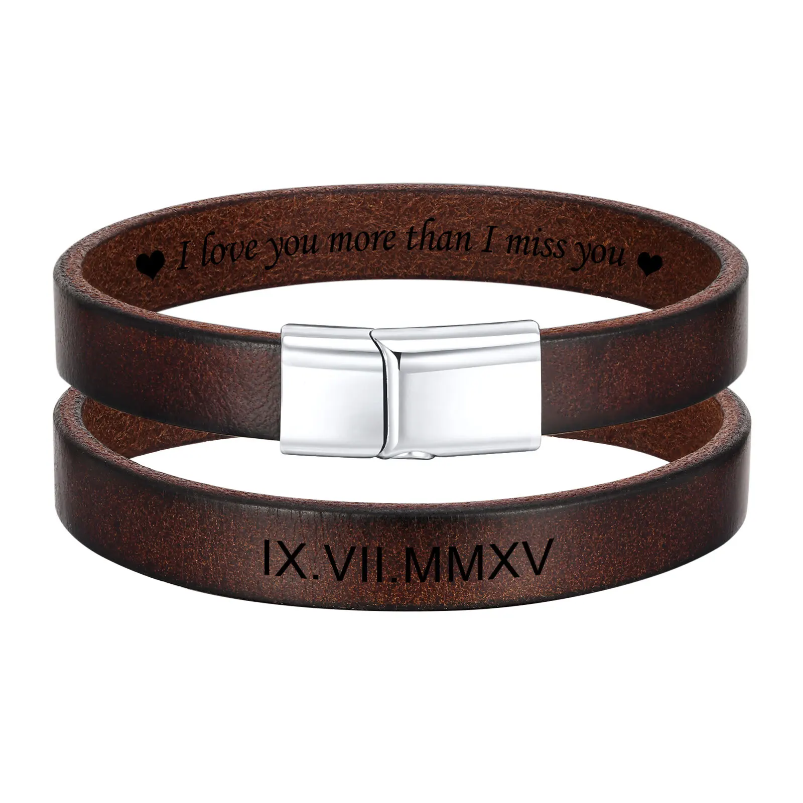 Personalized Genuine Leather Bracelets for Men Boys,Customized Words ID Medical Alert Bangle,Gift for Husband Father Dad