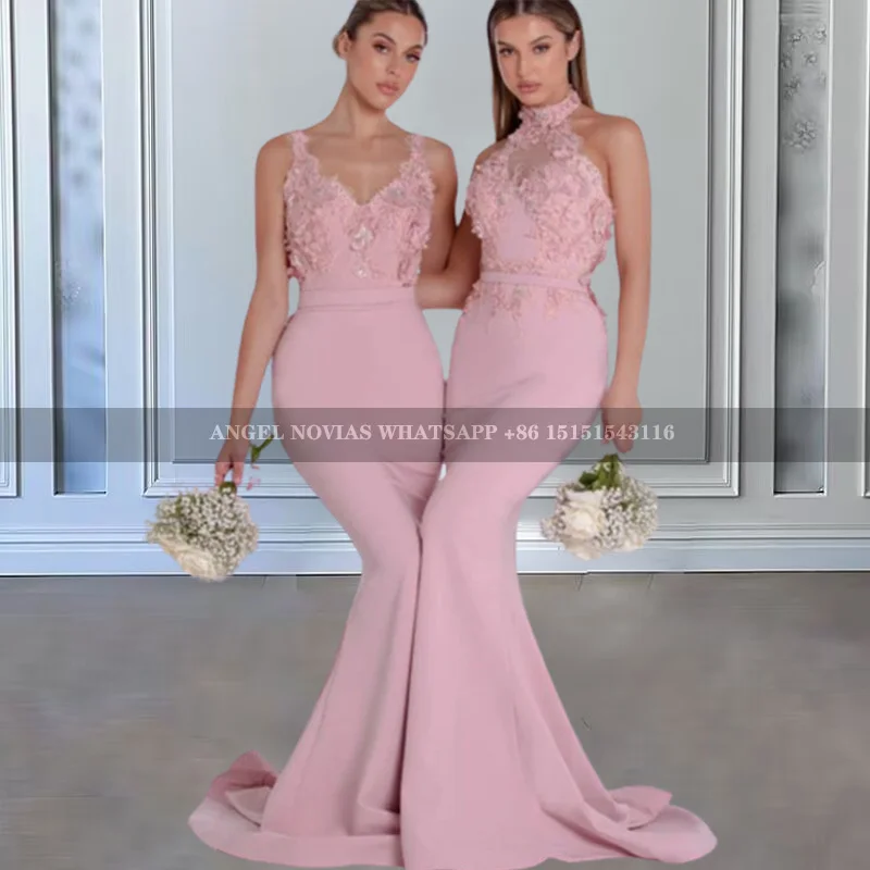 

Customized Long Pink Mermaid Bridesmaid Dresses Satin Corset Bride Maids Gowns Evening Gowns vestido de festa de casamento