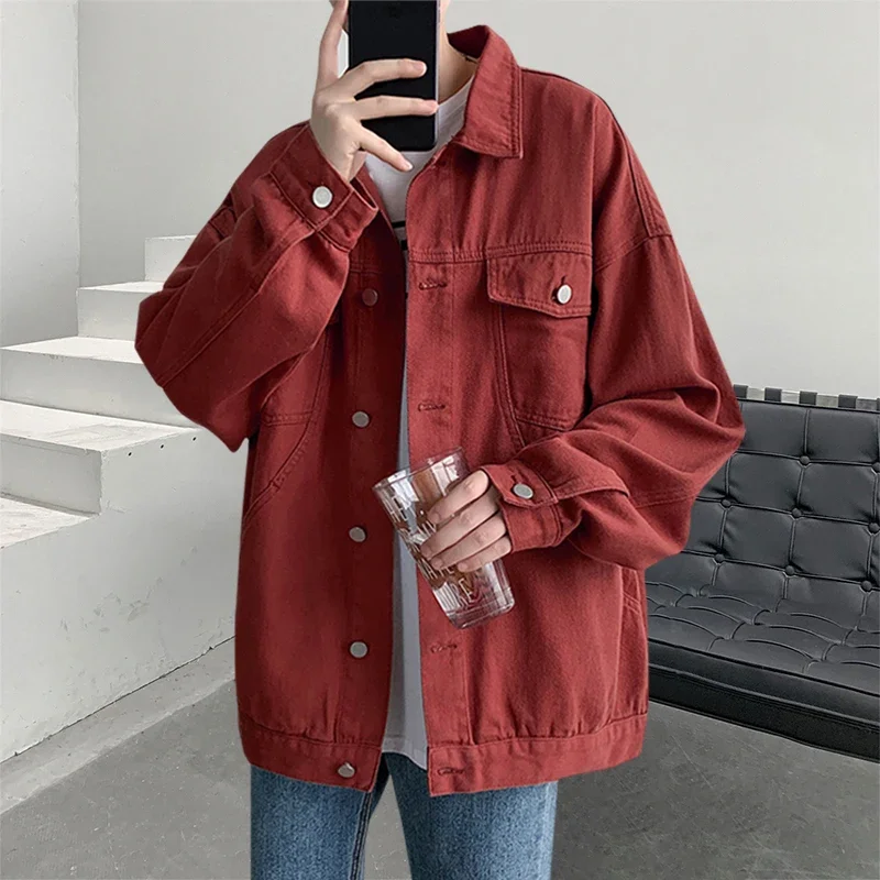 

Red Jeans Jacket Loose Stretch Simple Solid Color Single Breasted Casual Denim Outwear