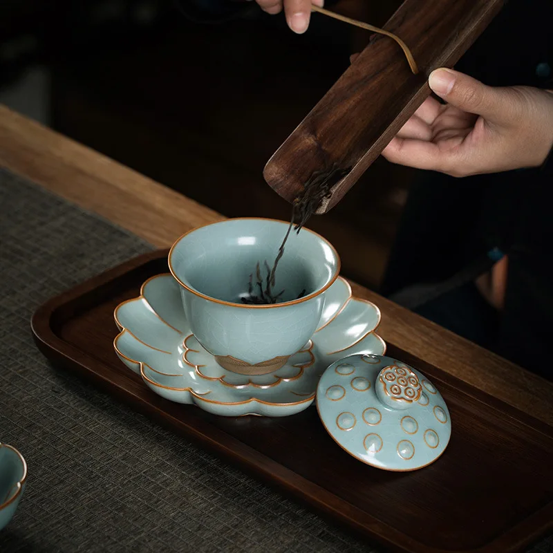 High Quality Ru Ware Azure Cover Teacup Anti-Scald Single Customer Tea Making Two Cups Jingdezhen Bowl High-End Set Suit