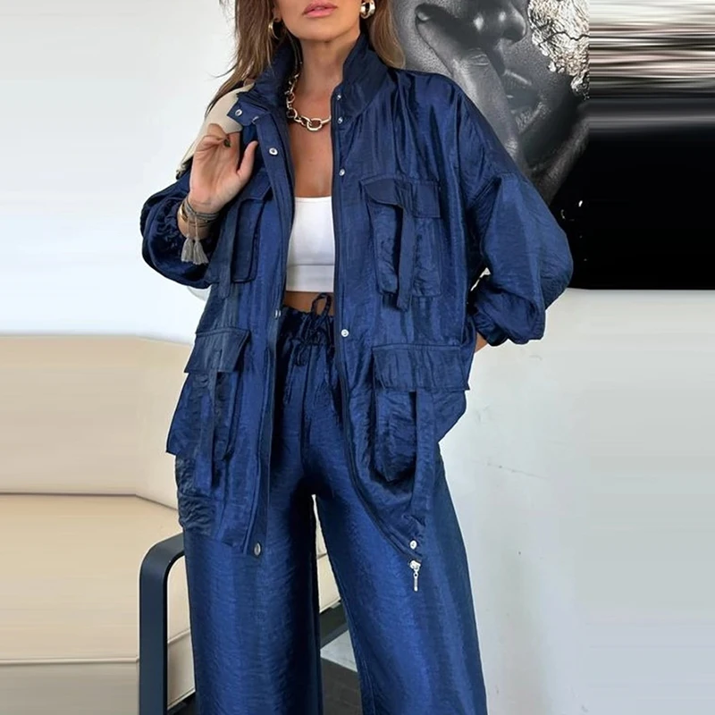 Autumn Winter Women Stand Collar Jacket and Pants Sets Casual High Street Pocket Cargo Suit Fashion Long Sleeved Loose Outfits