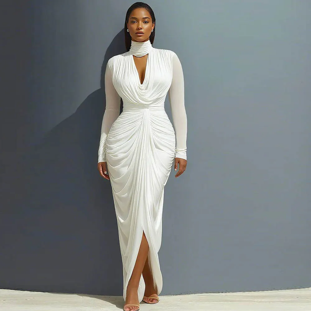 Customized Keyhole Bodycon Prom Dress Halter Full Sleeve Ankle Length Evening Party Gown Pleated Sheath Maxi Dresses