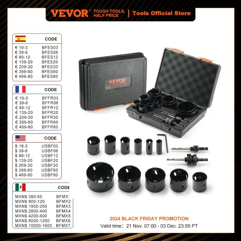 VEVOR Hole Saw Kit 11/18 PCS Saw Blades 1 Hex Wrench Bi Metal M42 Hole Saw Set with Carrying Case General Purpose Size