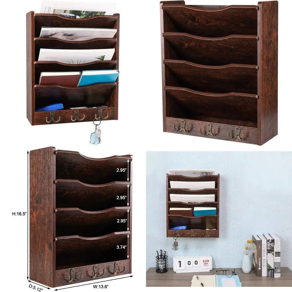 

PAG 5-уровневый настенный держатель для ile Подвесной органайзер для почты Деревянная стойка для журналов и литературы с 6 крючками, коричневый