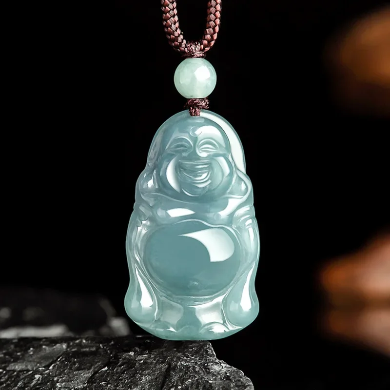 

Burmese Emerald Jade Buddha Pendant Necklace Blue Stone Jadeite Jewelry Natural Luxury Vintage Gemstones Men Charms Fashion