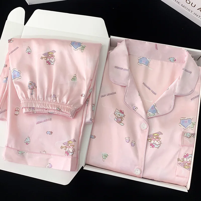 

Женские пижамные комплекты Hello Kitty из ледяного шелка, кавайные студенческие весенне-осенние длинные брюки с длинными рукавами, домашняя одежда, новинка для отдыха