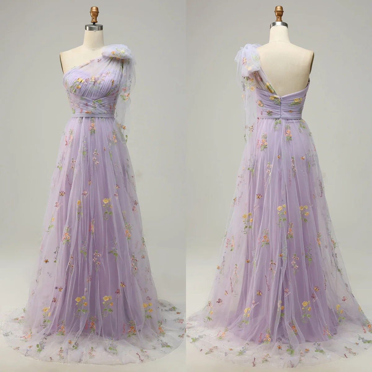 Lavender Embroidery One-Shoulder Evening Dresses With Bow Tulle Flowers Lace Ruffles Pleats Birthday Party Dress Fairy Ball Gown