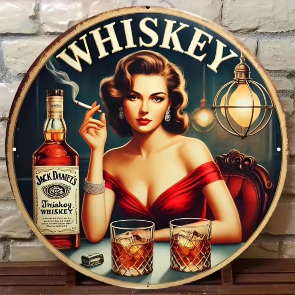 لوحة صفيح "علامة معدنية مسطحة ثنائية الأبعاد "ويسكي" عتيقة - ديكور بار قديم، يتميز سيدة أنيقة بفستان أحمر #3