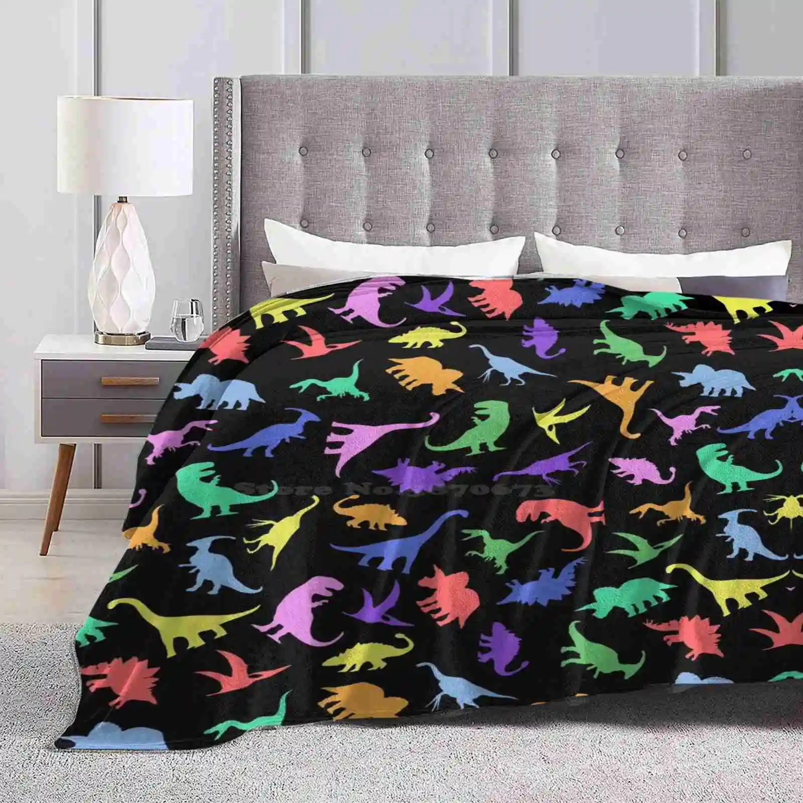 Fun Dinosaur Pattern ( Black Background ) Latest Super Soft Warm Light Thin Blanket Dinosaurs Tyrannosaurus T Rex Pterodactyl