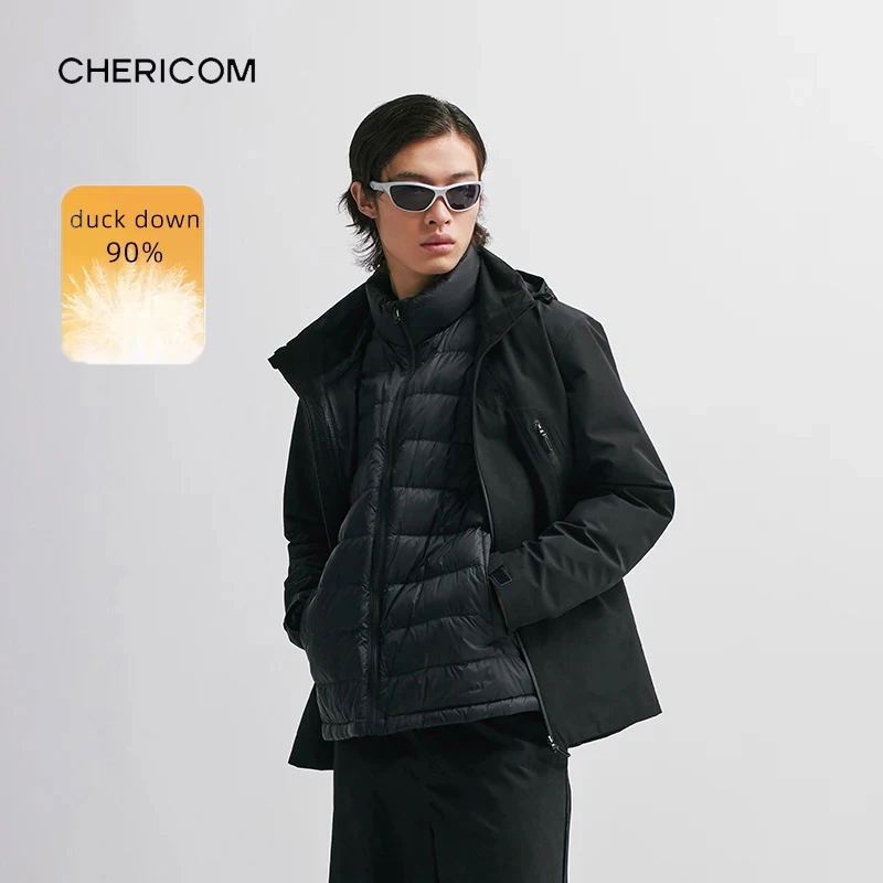 Chericom Winter Down Jacket Short Stand Collar Hooded Goose Down Removable Inner Windproof Warm Sports Casual Jacket Y298609Y