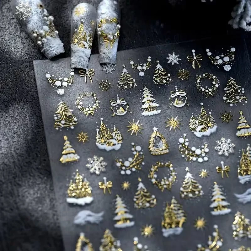 Adesivi per unghie con fiocco di neve in lamina dorata lucida natalizia - Nail art autoadesiva riutilizzabile 3D, perfetti per le vacanze fai da te Nail Art Stick