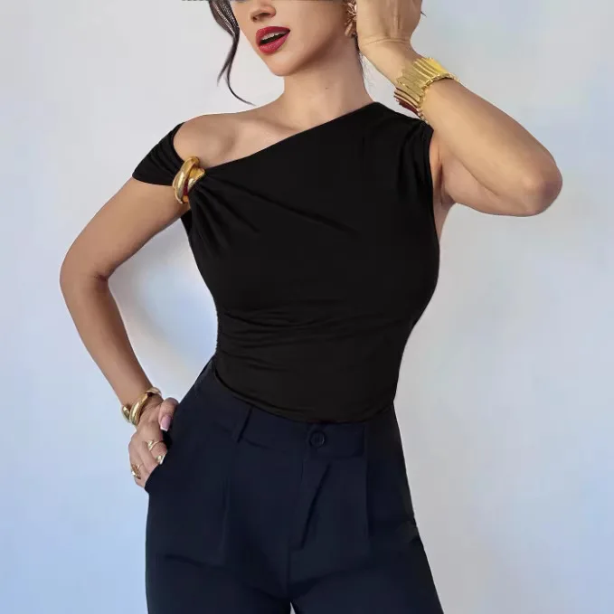 Women's Solid One Shoulder Metal Ring Decor Short Sleeve Ruched Slim Fit Comfortable Casual Versatile Trendy Elegant T Shirt Top