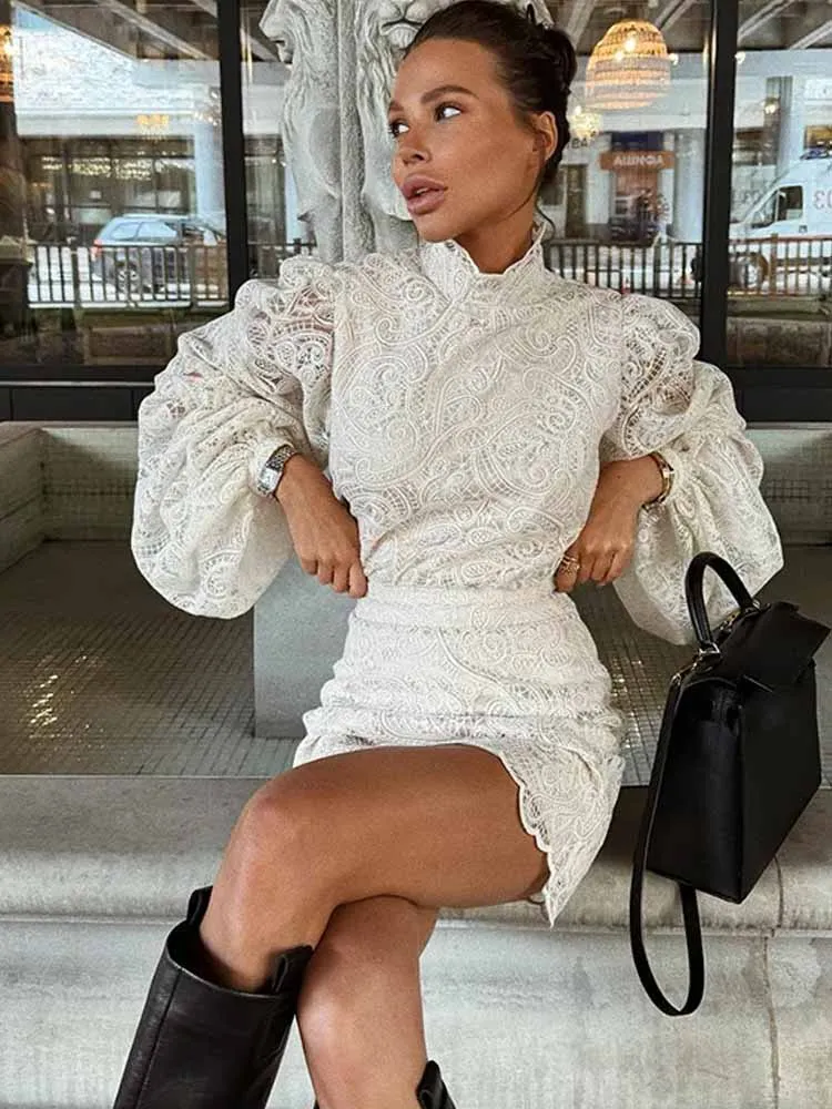 Lace Elegant Skirt Two Piece Set Women Turtleneck Hollow Out Lantern Sleeve Tops Irregular Hem Mini Skirt 2025 Chic Party Suit image 5