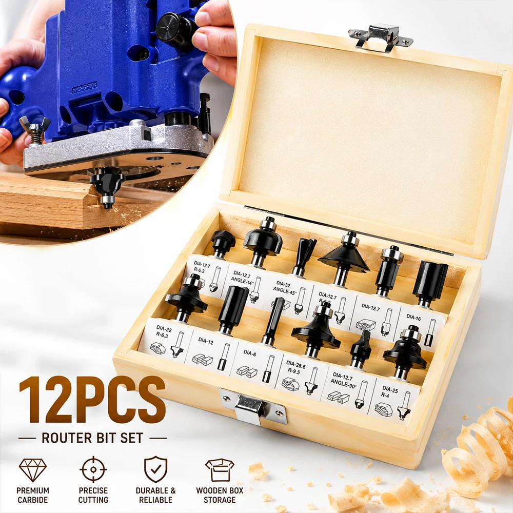 

12PCS Shank Router Bit Set Tungsten Carbide Woodworking Milling Cutter Kit with Wooden Box for Wood Trimming