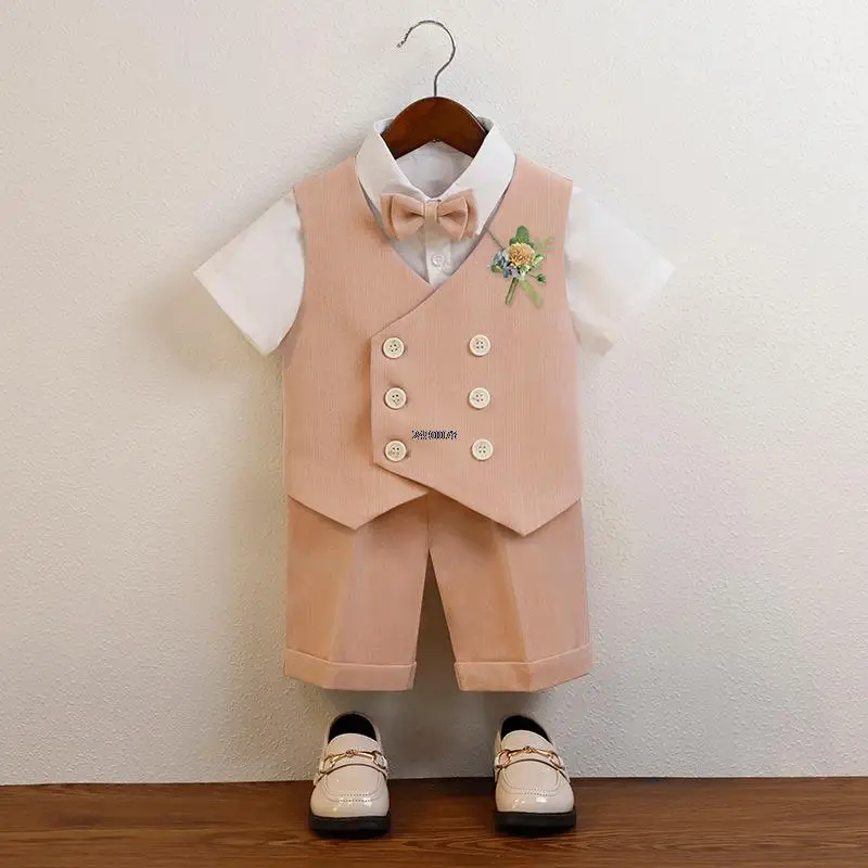 Boys Summer Vest Shorts Performance Suit Children Formal Wedding Dress Kids Photography Suit Baby Birthday Ceremony Costume