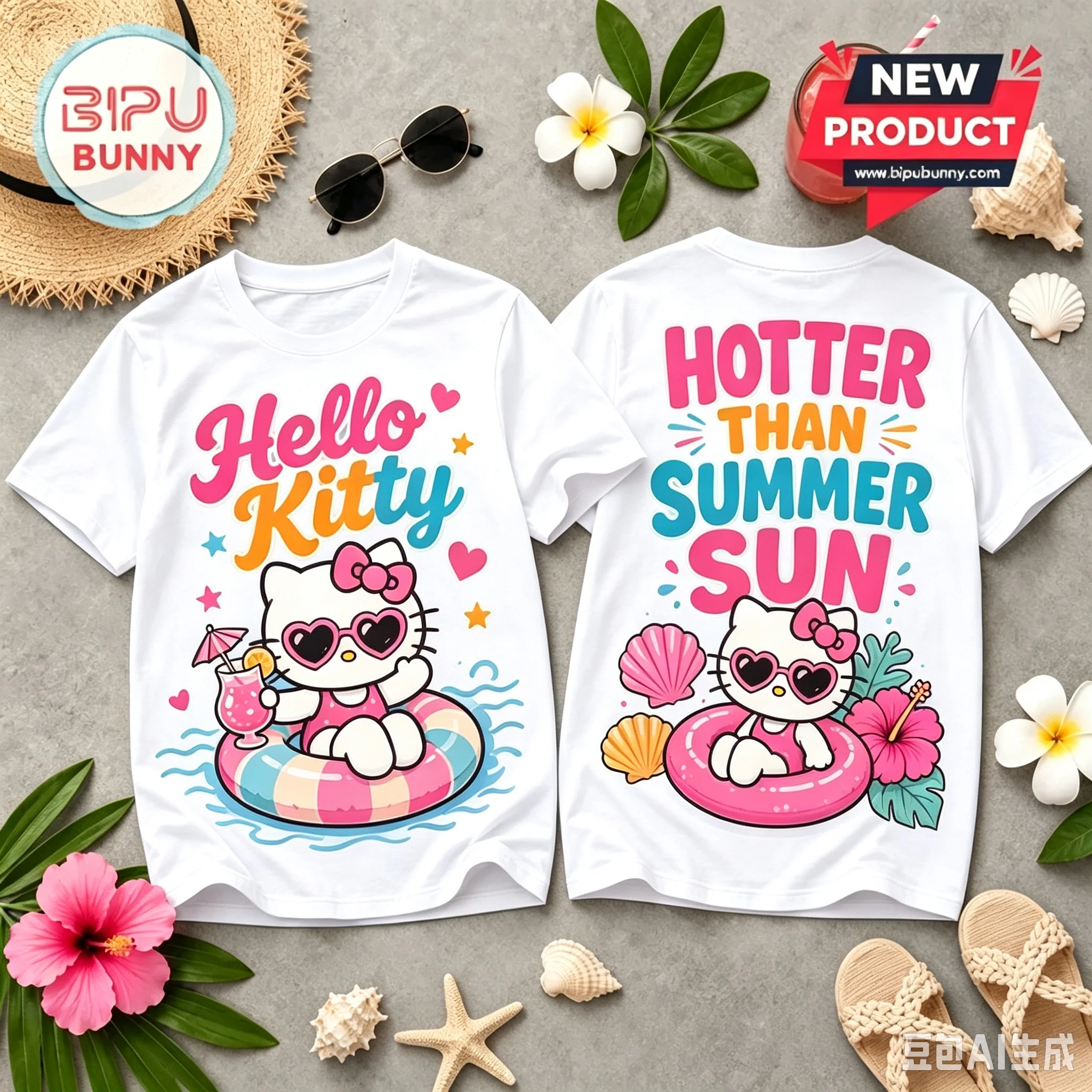 2026 Kawaii Hello Kitty Vacation T Shirt Front Back Print Tropical Seashell Hibiscus Casual Summer Tops