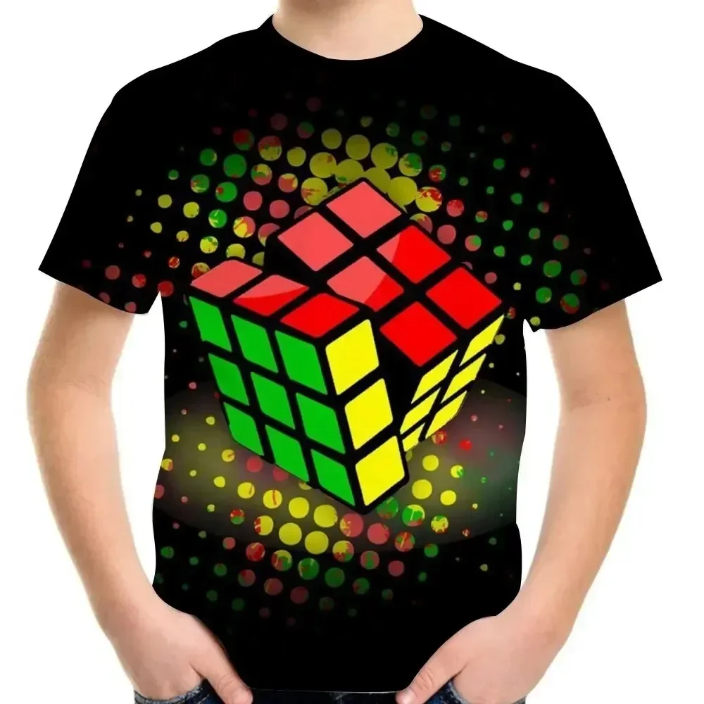 Jigsaw Cube 3d Printing T-shirt Fashion Rubik’s Cube Pattern T-Shirt Summer Boys Girls Tee Boy Top Streetwear Children Clothing