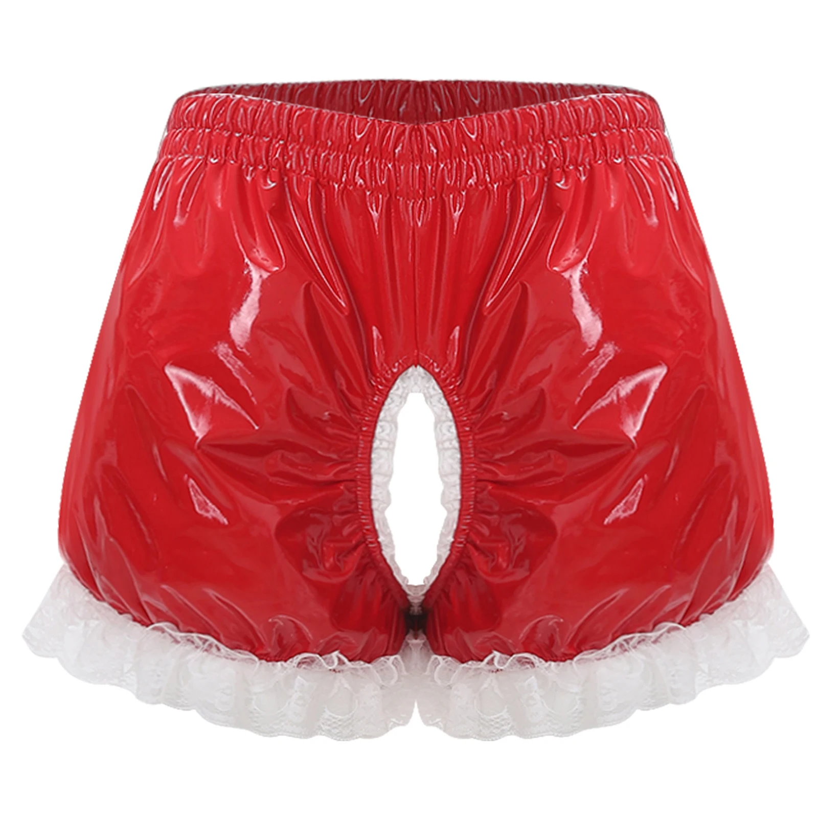 

Women Glossy PU Leather Crotch Cutout Shorts Leg Floral Lace Trim Wet Look Fancy Bloomers Shorts for Rave Couple Games Clubwear