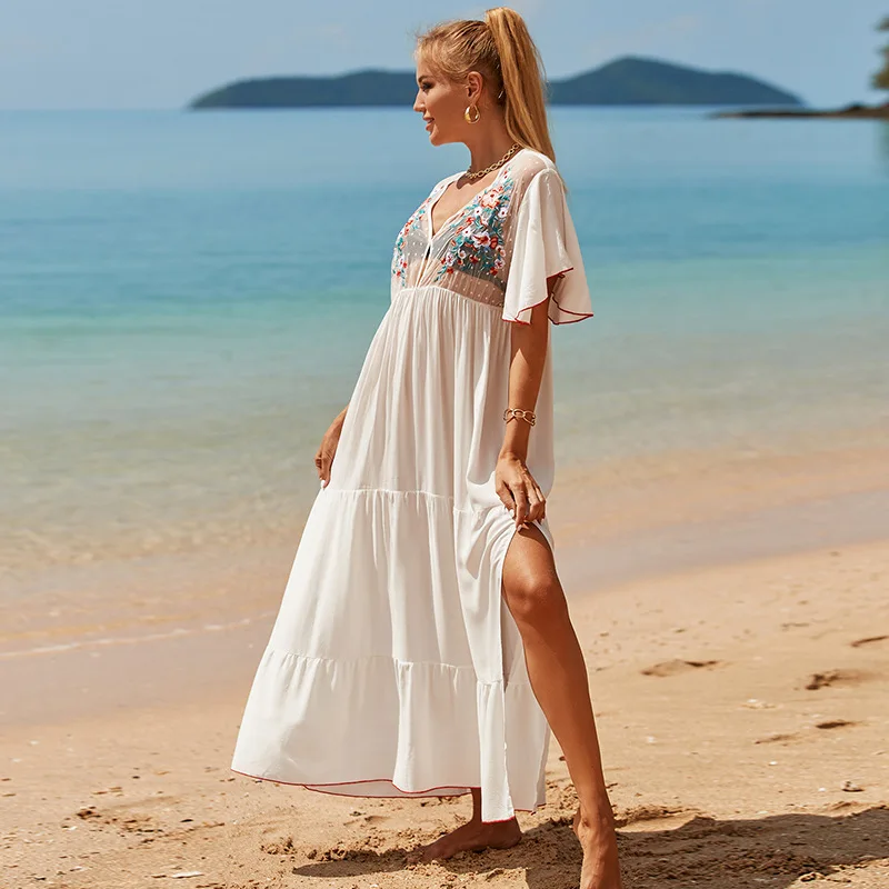 Flare Sleeve Bikini Cover Up Women White Embroidery Beach Dress Tunic Kaftans Sexy V-neck Mesh Maxi Dress Swim Suit