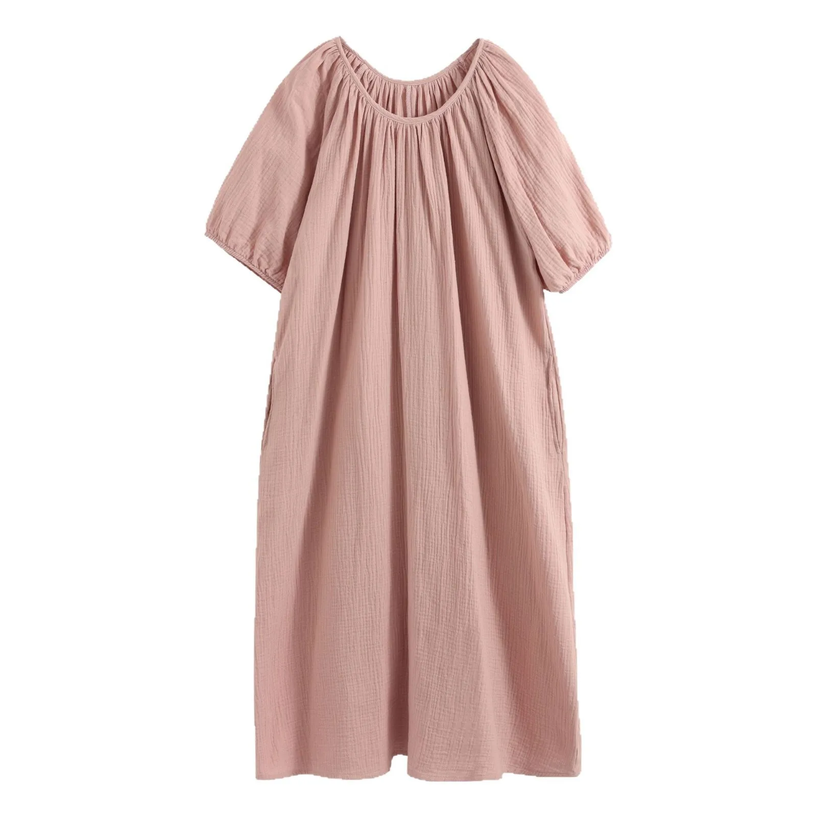 Spring and Summer Nightgown Women's Round Neck Pullover Loose and Casual Wear Cotton Short Sleeved Mid-long Night Dress