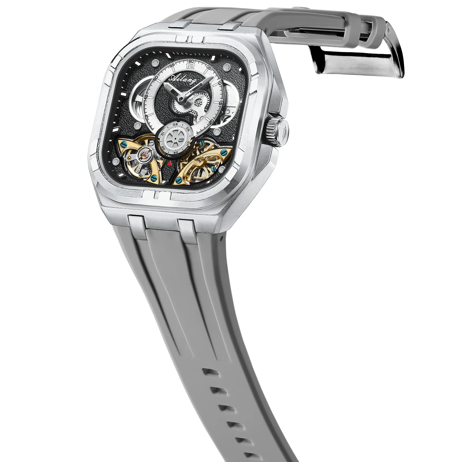 2026 ساعة توربيون أوتوماتيكية فاخرة بهيكل عظمي للرجال تصميم مربع مع قرص أزرق سماوي مضيئة ومقاومة للماء ساعة يد رياضية #4