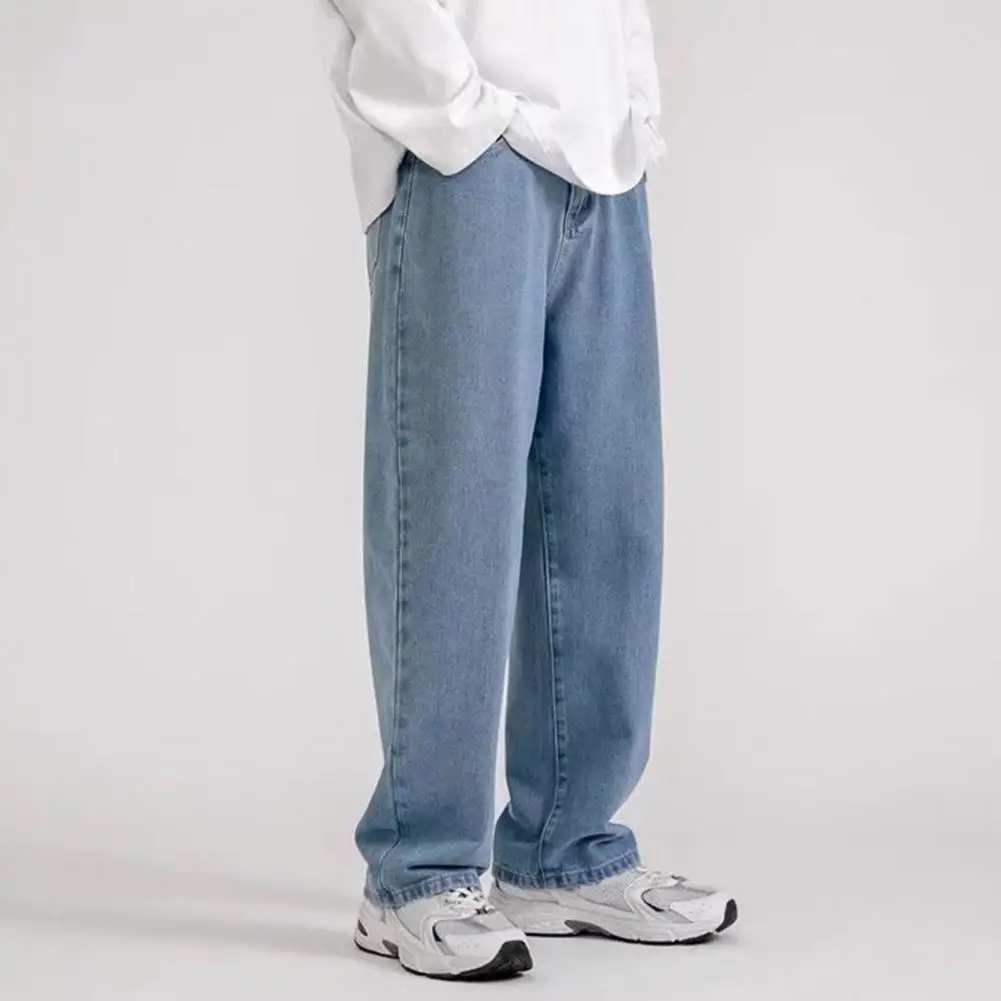 

Men Jeans Retro Streetwear Men's Wide Leg Jeans Solid Color Soft Fabric Button-zip Closure Stylish Comfortable Long Pants Retro