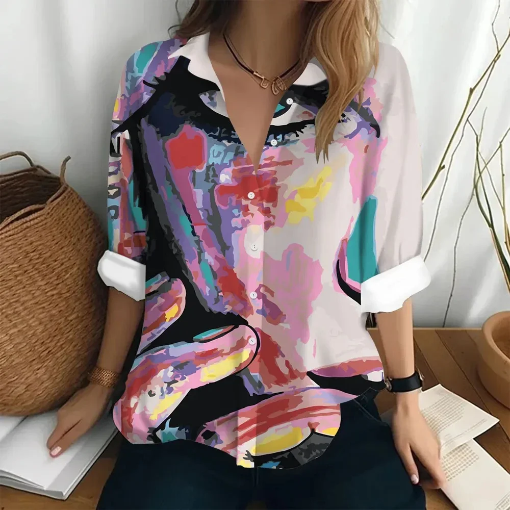 Camicia a maniche lunghe da donna hawaiana stampa digitale 3D pittura a olio astratta arte Top camicia elegante da donna moda donna allentata