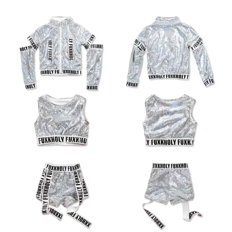 2026 Silver Sparkly children jazz Modern dance Costumes Girls boy Sequins alphabet band hip hop Street stage wear for 5AQBR