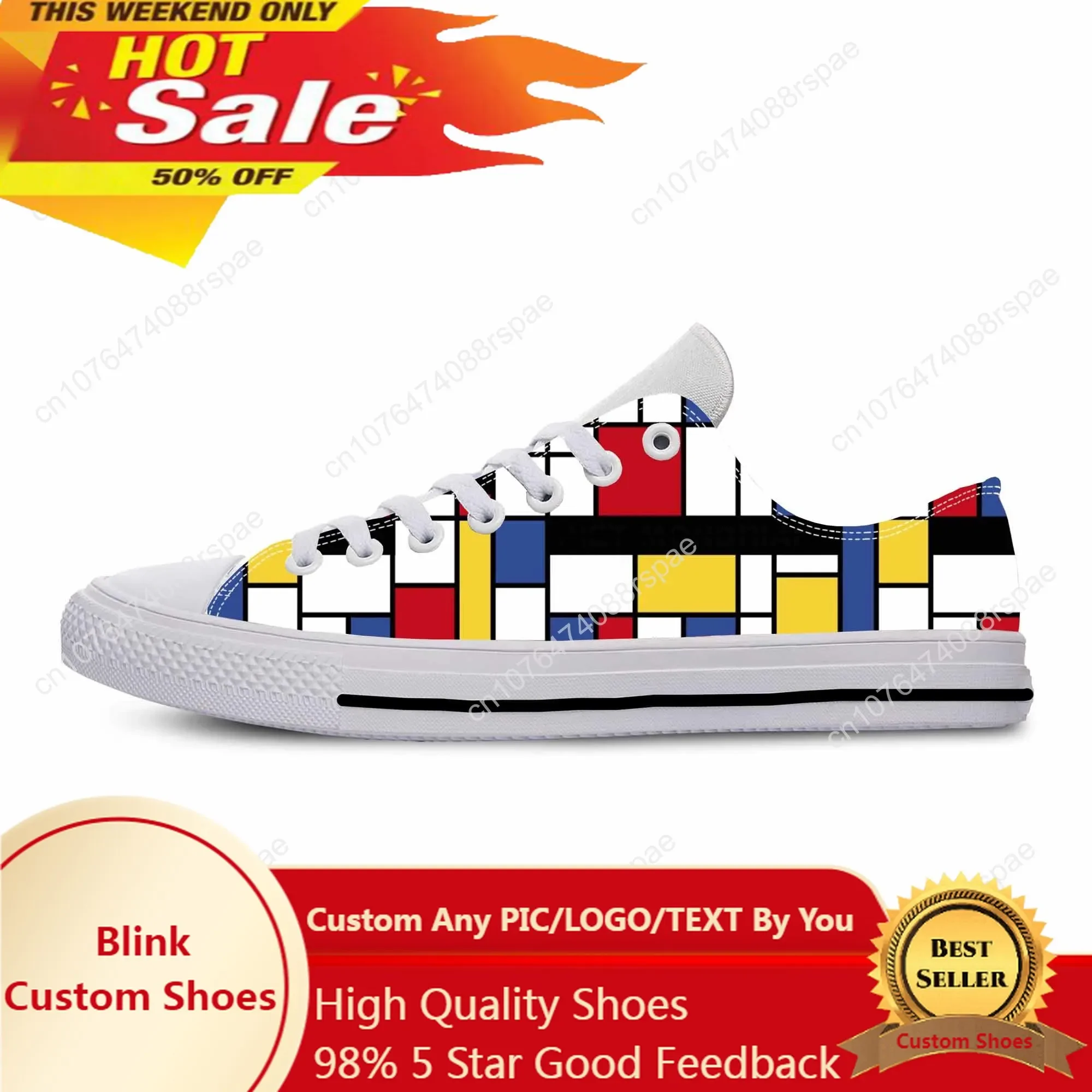 Mondrian Abstract Geometric Pattern Painting Sneakers para homens e mulheres, Low Top, Confortável, Respirável, Impressão 3D, Sapatos de pano casuais