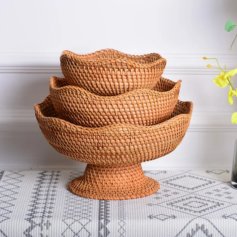 Home Decoration Storage Tray Autumn Rattan Weaving High-footed Fruit Tray Furniture Accessories Handmade Household Daily Product