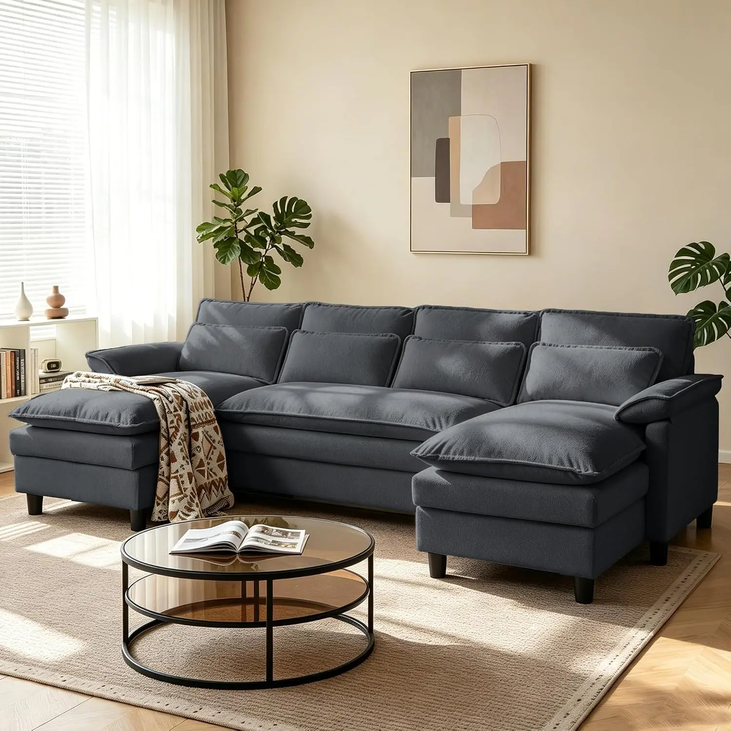 Convertible U Shape Sectional Sofa with Double Chaise & Sleepable Armrests, 4 Seat Cloud Couch for Living Room, Grey, Customized