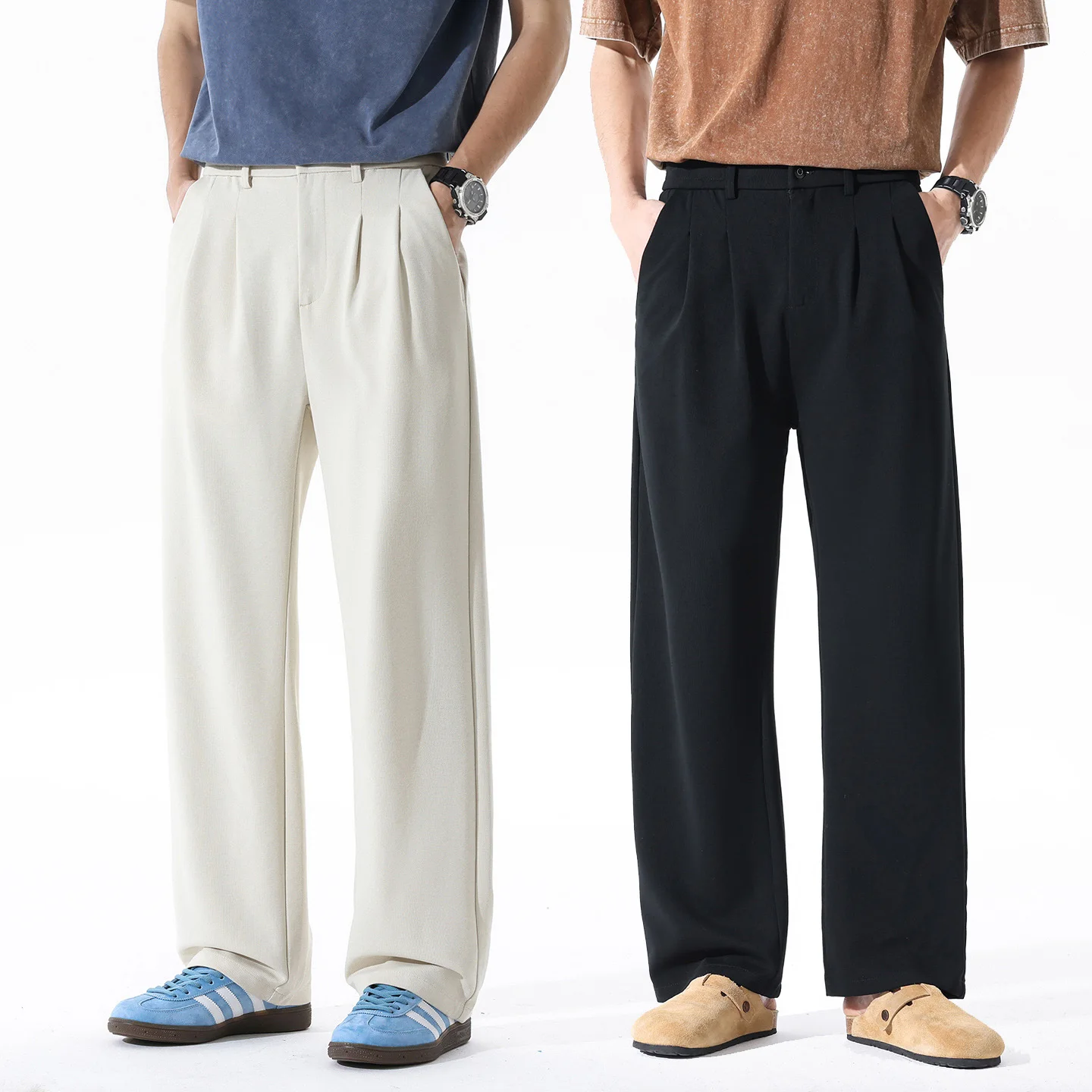 

Men Loose Casual Business Fashion Vintage Wide Leg Elastic Waist Suit Pants Man Korean Streetwear Plus Size Straight Trousers
