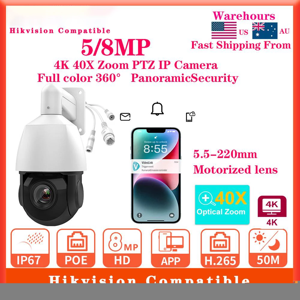 Hikvision Compatible 4K 8MP PoE 40X Zoom PTZ IP Camera IR358 Human Vehicle Tracking 2-Way Audio Outdoor Surveillance CCTV Camera