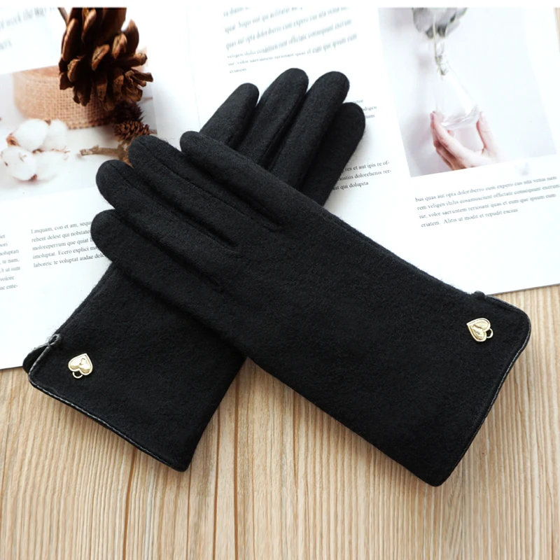 Winter Women\'s Wool Double Layer Plus Velvet Thick Touch Screen Warm Driving Gloves Female Outdoor Riding Cashmere Mittens S106