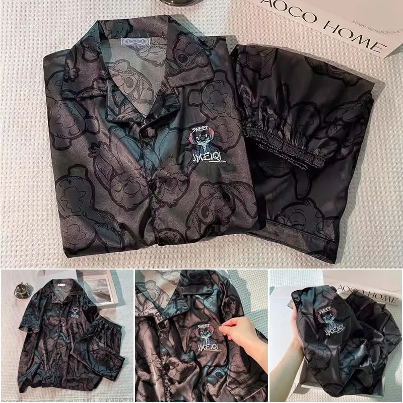 

Disney Stitch Cotton Sleepwear Cartoon Summer Pajamas for Men and Women Button-Down Shirt Elastic Waist Shorts Home Clothes New